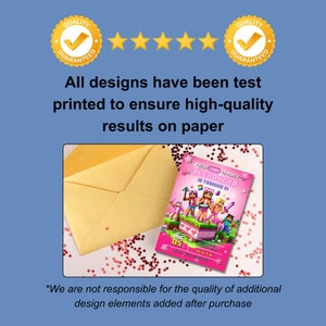 High-quality dinosaur birthday invitation print with a golden envelope, showcasing a quality guarantee badge and five-star rating for customer satisfaction and assurance.