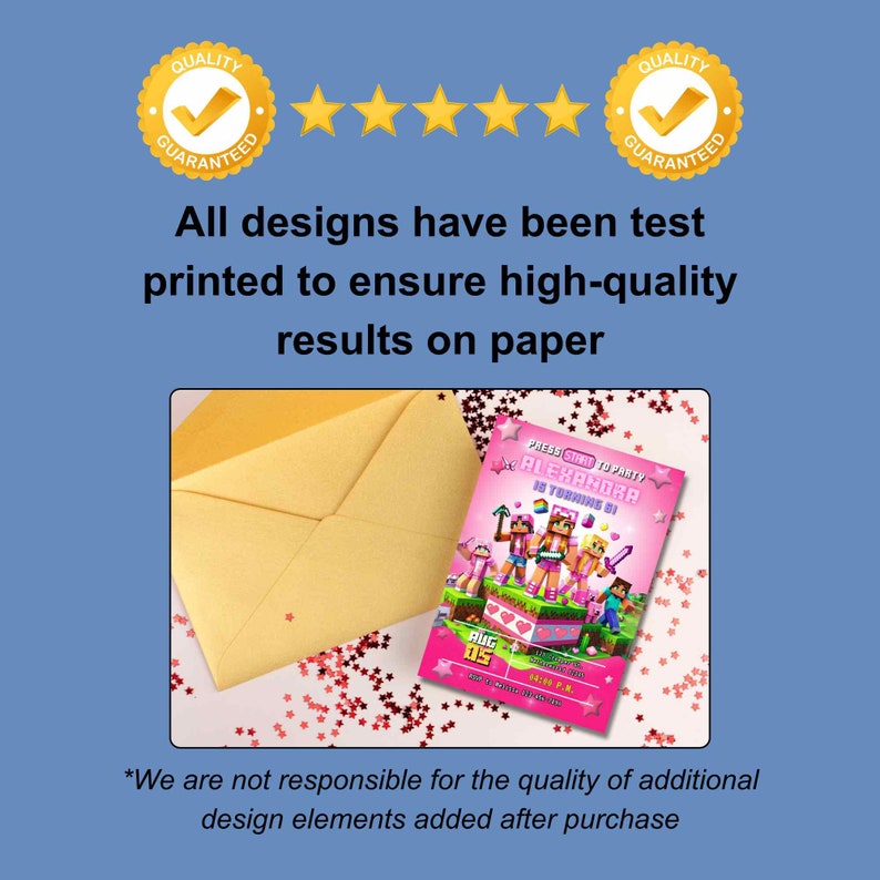 High-quality dinosaur birthday invitation print with a golden envelope, showcasing a quality guarantee badge and five-star rating for customer satisfaction and assurance.