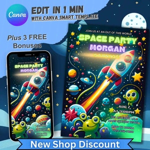 Convite de aniversário do espaço sideral, convite personalizado para meninos e meninas, festa de aniversário de astronauta, cartão editável de 5º aniversário, menino de quinto aniversário da NASA
