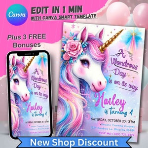 Unicorn Birthday Invitation, Unicorne Invite for Girls, RainbowUnicorn Party, Editable Unicorns Bday Invitate, Girl UnicornInvitation Parti