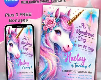 Unicorn Birthday Invitation, Unicorne Invite for Girls, RainbowUnicorn Party, Editable Unicorns Bday Invitate, Girl UnicornInvitation Parti