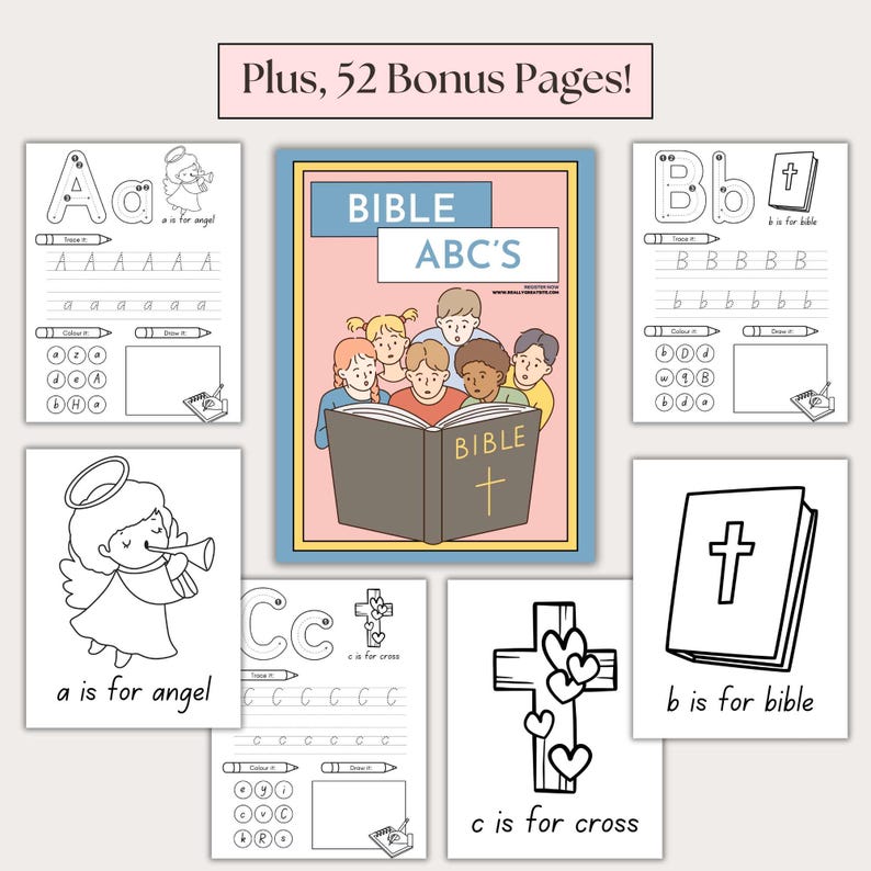 Bible ABC’s printable set for kids, includes 52 bonus pages for Christian learning. Fun tracing and coloring pages featuring 'A is for angel,' 'B is for Bible,' and 'C is for cross.' Perfect for Sunday school, homeschool, or Bible study activities