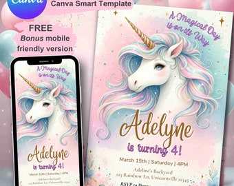 Unicorn Birthday Invitation, Personalized Invite for Girls, Unicorns bday Party Theme, Editable 1st B-day Card, Girl First Birthday Unicorne