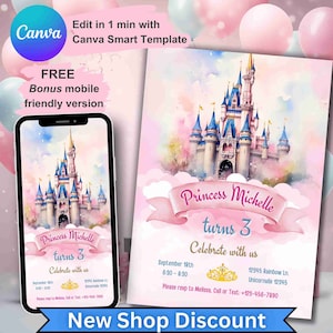 Invito compleanno principessa ragazza, invito personalizzato per ragazze, tema festa compleanno principi, biglietto modificabile per il primo compleanno, castello del primo compleanno