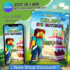 Videospiel-Geburtstagseinladung, personalisierte Einladung für Jungen-Mädchen, Minecraft-Thema, Gamer-Geburtstagsparty, bearbeitbare 5.b-Day-Karte, Minecrafter