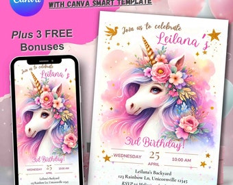 Unicorn Birthday Invitation, Personalized Invite for Girls, Unicorns bday Party Theme, Editable 1st B-day Card, Girl First Birthday Unicorne