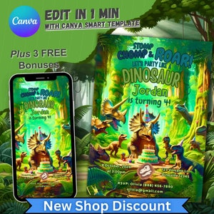 Convite de aniversário de dinossauro, convite personalizado para meninos e meninas, tema de festa de aniversário de Dino, cartão de primeiro aniversário editável, primeiro aniversário de menino trex