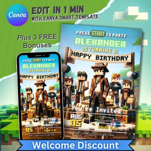 Videospiel-Geburtstagseinladung, personalisierte Einladung für Jungen-Mädchen, Minecraft-Thema, Gamer-Geburtstagsparty, bearbeitbare 5.b-Day-Karte, Minecrafter