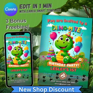 Convite de aniversário de dinossauro, convite personalizado para meninos e meninas, tema de festa de aniversário de Dino, cartão de primeiro aniversário editável, primeiro aniversário de menino trex