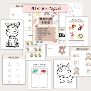 92 bonus educational pages for Montessori learners, Pre K, and kindergarten. Includes tracing worksheets, shape recognition, animal coloring, matching activities, and cut-and-paste games. Perfect homeschool resource for early learning and practice.