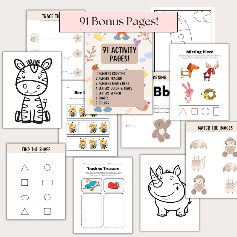 92 bonus educational pages for Montessori learners, Pre K, and kindergarten. Includes tracing worksheets, shape recognition, animal coloring, matching activities, and cut-and-paste games. Perfect homeschool resource for early learning and practice.