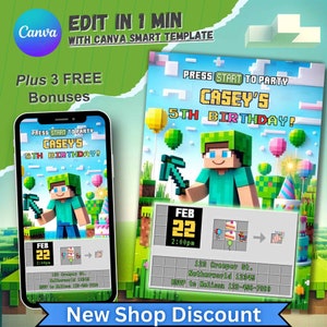 Videospiel-Geburtstagseinladung, personalisierte Einladung für Jungen-Mädchen, Minecraft-Thema, Gamer-Geburtstagsparty, bearbeitbare 5.b-Day-Karte, Minecrafter
