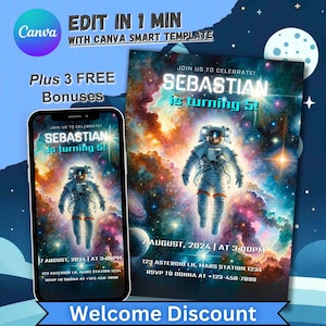 Invitation d'anniversaire dans l'espace, invitation personnalisée pour garçons et filles, anniversaire d'astronaute, carte modifiable pour le 5e anniversaire de mariage, cinquième anniversaire de la NASA pour garçon