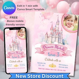 Mädchen Prinzessin Geburtstagseinladung, personalisierte Einladung für Mädchen, Princes bday Party Thema, bearbeitbare 1