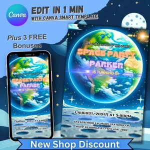 Convite de aniversário do espaço sideral, convite personalizado para meninos e meninas, festa de aniversário de astronauta, cartão editável de 5º aniversário, menino de quinto aniversário da NASA