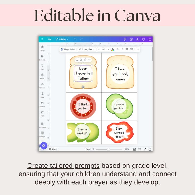 Editable Christian prayer sandwich activity in Canva, perfect for customizing based on child’s grade level. Ideal for homeschool, Sunday school, or Bible study. Create tailored prompts to help children connect with each prayer. Instant download