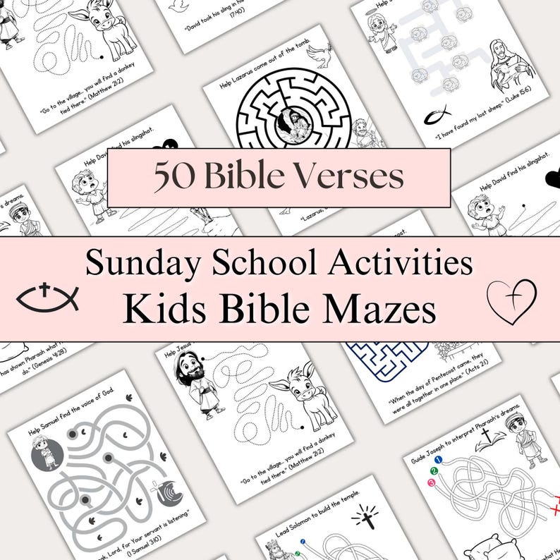 Christian Bible printable activity pack with 50 Bible verses for kids. Includes Sunday School mazes, Bible verse coloring pages, and homeschool activities for kindergarten. Perfect for kids’ Bible lessons, Sunday School, and homeschool Christian