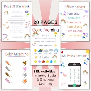 Montessori learner morning menu featuring 20 pages of social and emotional learning (SEL) activities. Includes days of the week, affirmations, weather tracking, color matching, and phone number practice. Perfect homeschool resource for Pre K and