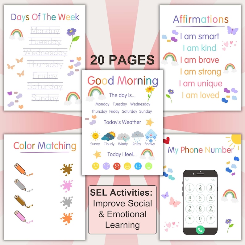 Montessori learner morning menu featuring 20 pages of social and emotional learning (SEL) activities. Includes days of the week, affirmations, weather tracking, color matching, and phone number practice. Perfect homeschool resource for Pre K and