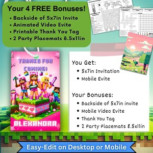 Receive a complimentary Thank You tag with your minecrafter birthday invitation set, displayed on a mobile device and as a printed card, perfect for a themed party favor. Three bonuses include backside of invitation, video evite and thank you tag
