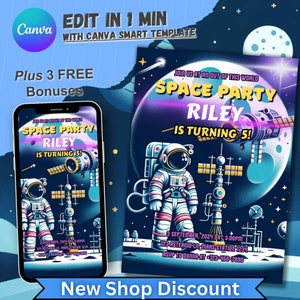 Convite de aniversário do espaço sideral, convite personalizado para meninos e meninas, festa de aniversário de astronauta, cartão editável de 5º aniversário, menino de quinto aniversário da NASA