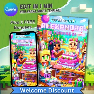 Videospiel-Geburtstagseinladung, personalisierte Einladung für Jungen-Mädchen, Minecraft-Thema, Gamer-Geburtstagsparty, bearbeitbare 5.b-Day-Karte, Minecrafter