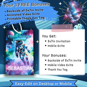 Receive a FREE matching Thank You tag with your space-themed birthday invitation order, an extra bonus to complete your astronaut birthday party favors. An outer space themed thank you card
