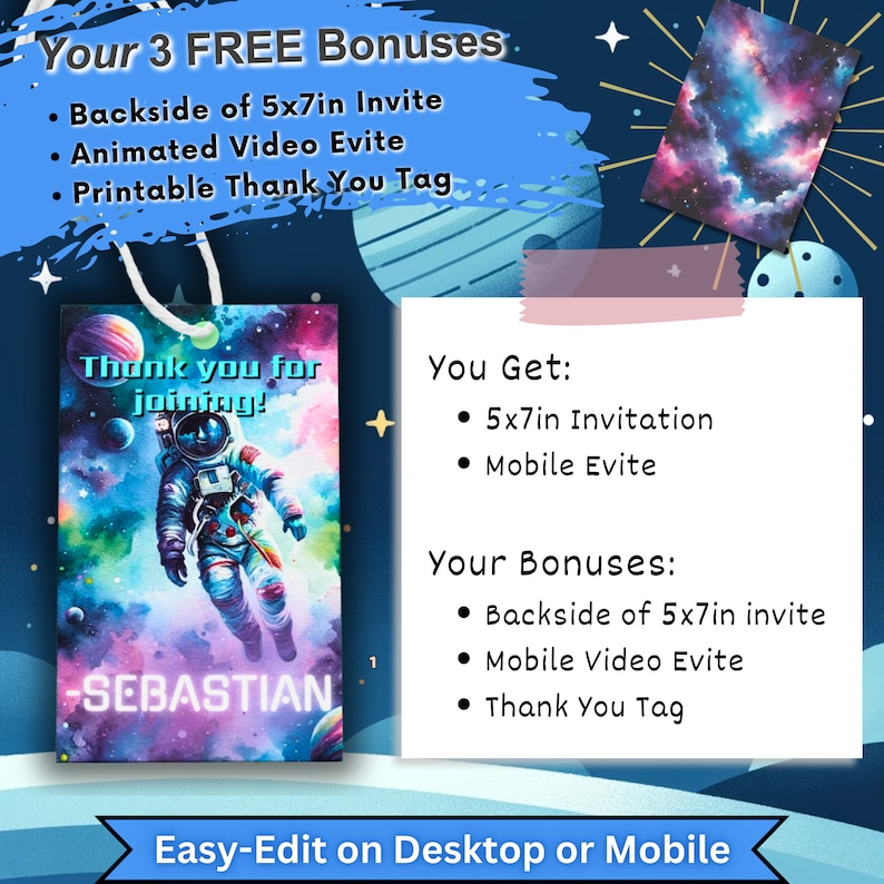 Receive a FREE matching Thank You tag with your space-themed birthday invitation order, an extra bonus to complete your astronaut birthday party favors. An outer space themed thank you card