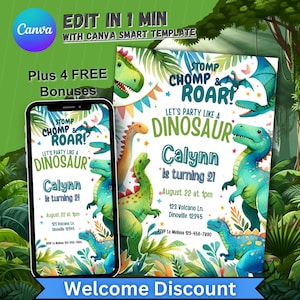 Invito di compleanno di dinosauro, invito personalizzato per ragazze, tema festa di compleanno di Dino, 1° giorno di nascita modificabile, 2° 3° 4° compleanno ragazzo dinosauro