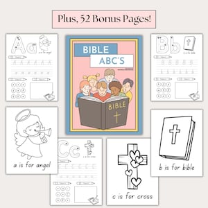 Bible ABC’s activity set for kids, including 52 bonus pages. Christian-themed alphabet tracing and coloring printables, featuring Bible, angel, and cross. Perfect for homeschool Christian lessons, preschool Bible activities, and Sunday School