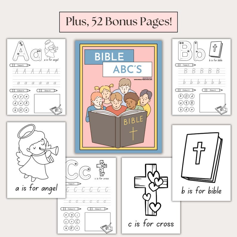 Bible ABC’s activity set for kids, including 52 bonus pages. Christian-themed alphabet tracing and coloring printables, featuring Bible, angel, and cross. Perfect for homeschool Christian lessons, preschool Bible activities, and Sunday School