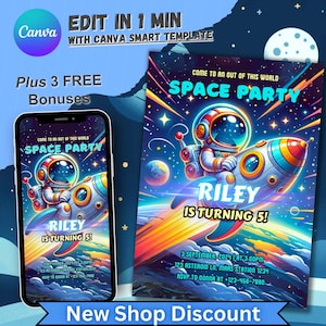 Invitación de cumpleaños del espacio exterior, invitación personalizada para niños niñas, fiesta de cumpleaños de astronauta, tarjeta editable del quinto día, niño del quinto día de nacimiento de la NASA