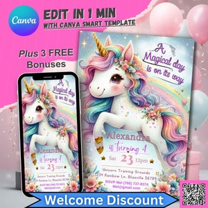 Einhorn-Geburtstagseinladung, personalisierte Einladung für Mädchen, Einhörner-Geburtstagsparty-Thema, bearbeitbare Karte zum 1. Geburtstag, Mädchen-Einhorn zum ersten Geburtstag