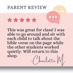 Parent review for Bible activity printables for kids. Positive feedback on using Bible verse worksheets in class for student engagement. Ideal for Sunday School, homeschool Bible lessons, and interactive Christian education. Five-star quality