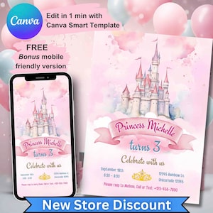 Convite de aniversário de princesa menina, convite personalizado para meninas, tema de festa de aniversário de príncipes, cartão de primeiro aniversário editável, primeiro aniversário de pêssego
