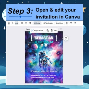 Step 3: Customize your astronaut-themed 1st birthday invitation with ease using Canva, making your space birthday party planning simple and fun.
