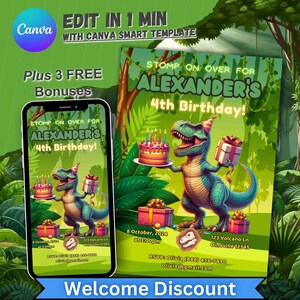 Convite de aniversário de dinossauro, convite personalizado para meninos e meninas, tema de festa de aniversário de Dino, cartão de primeiro aniversário editável, primeiro aniversário de menino trex