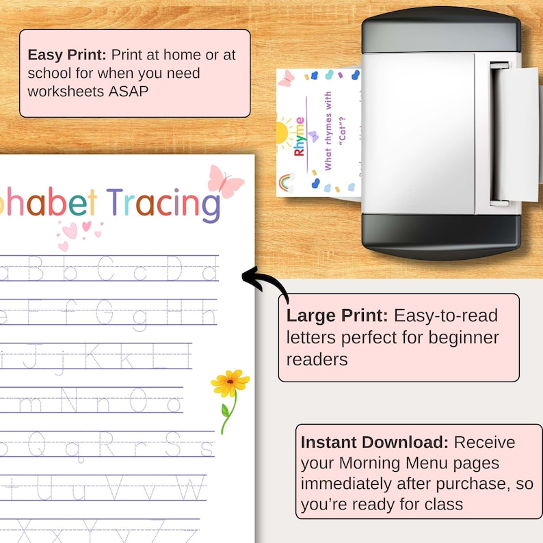 Printable alphabet tracing worksheets for Montessori learners and Pre K homeschoolers. Large print letters for easy readability, perfect for beginner readers. Instant download and easy print at home or school. Homeschool resource for morning menu