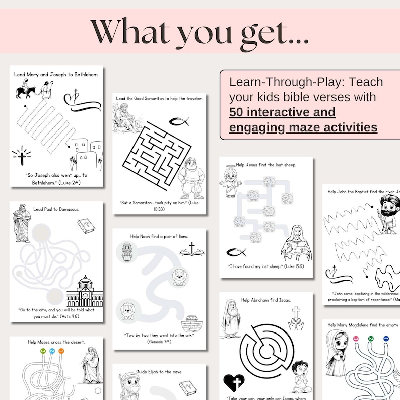 What you get: 50 interactive Bible maze activities for kids. Christian printables for Sunday School and homeschoolers, including Bible verse mazes and engaging activities. Ideal for teaching Bible stories, fun kids Christian education  Bible verse