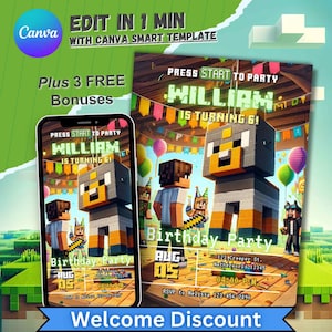 Videospiel-Geburtstagseinladung, personalisierte Einladung für Jungen-Mädchen, Minecraft-Thema, Gamer-Geburtstagsparty, bearbeitbare 5.b-Day-Karte, Minecrafter