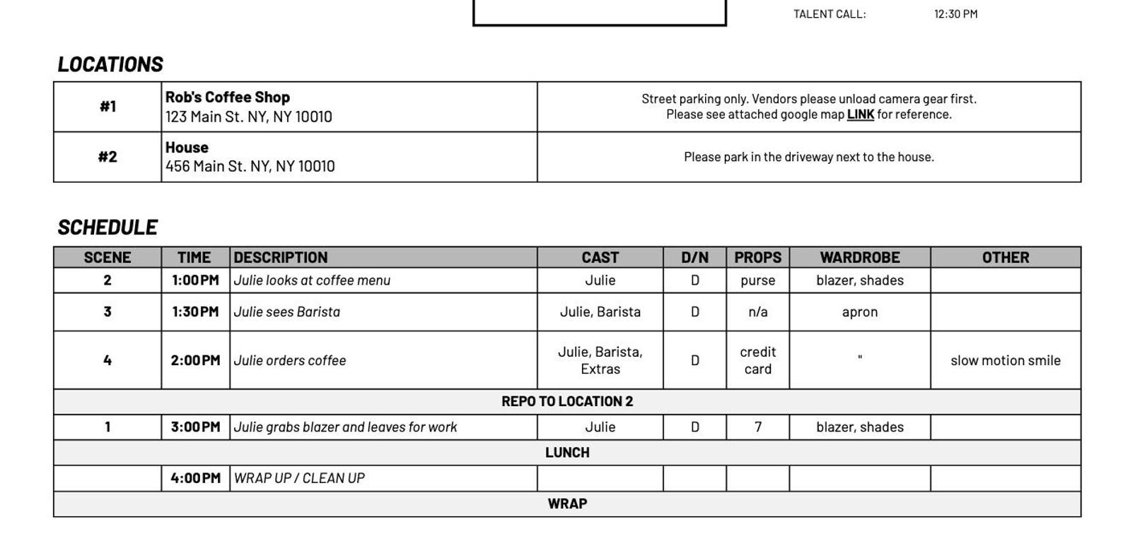 Video Call Sheet - Google Sheet Template For: Film Shoots, Social Media ...