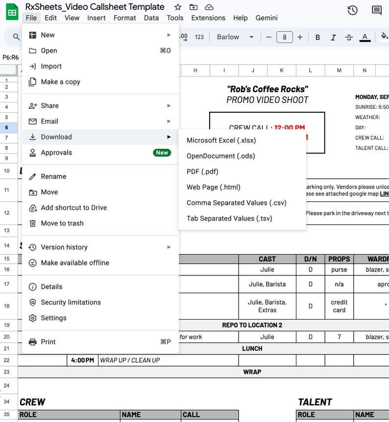 Video Call Sheet - Google Sheet Template For: Film Shoots, Social Media ...