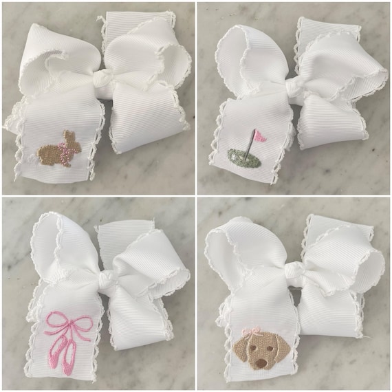 Embroidered Moonstitch Hair Bow | Girls Personalized Bows | Summer Bows | Golf Bows