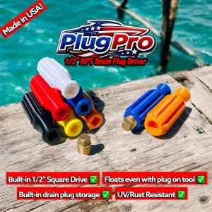 May include: A collection of colorful Plug Pro 1/2" NPT Drain Plug Drivers. The tools are in various colors, including black, red, white, blue, yellow, and orange. The image also shows a brass drain plug. The text reads "Made in USA!"