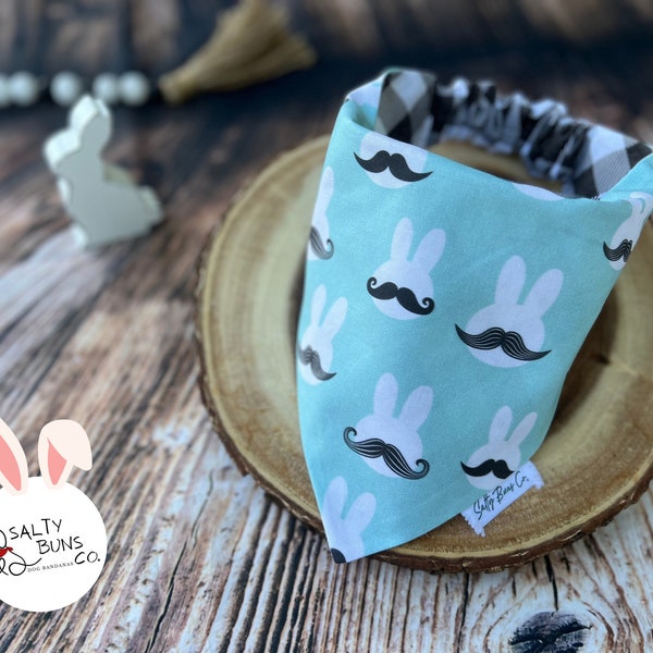 Mr. Mustache Bunny Pet bandana, Reversible Bandana, Plaid on flip side, Easter Slip-on dog bandana, Elastic back bandana, 2 sided Bandana