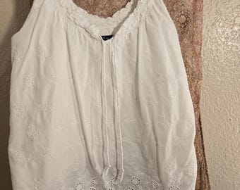 Tank top, peasant style shabby raw edgd blouse, White eyelet cotton. Long ties. Boho chic. Cottage core. Size med- small.