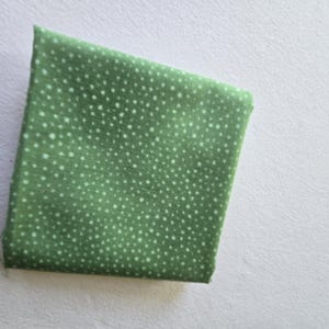 May include: A square piece of green fabric with a white polka dot pattern. The fabric is folded and appears to be a small swatch or sample. The background is a plain white surface.