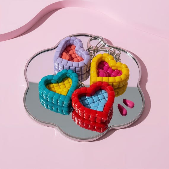 Custom Heart Keychain, Tiled Texture Sensory Fidget, Polymer Clay Bag Charm, Anxiety Relief Keyring