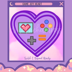 Könnte beinhalten: Ein lila herzförmige Grafik mit einem pixeligen rosa Herz auf einem Bildschirm und bunten Knöpfen. Das Design ähnelt einem Videospiel-Controller. Der Text oben lautet "GAME JOY HEART" und unten "Twitch & Discord Ready".