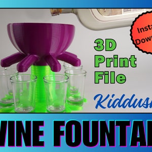 May include: 3D printable design for a wine fountain with a purple bowl and green base. The fountain has six shot glasses. The text "Instant Download" and "3D Print File" are visible in the image. The text "Kiddush Wine Fountain" is in large black letters at the bottom of the image.